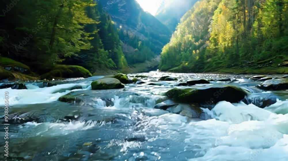Poster sunlight is sparkling on the surface of a pristine mountain river flowing over rocks. the refreshing
