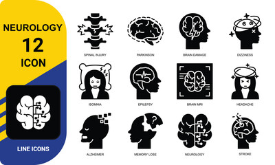 Neurology icons such as Alzheimer's disease, Parkinson, insomnia, epilepsy and more. Editable stroke.
