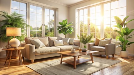 Warm sunlight streaming through large windows illuminates a tidy living room with a plush sofa, coffee table, and potted plants against a soft beige background.