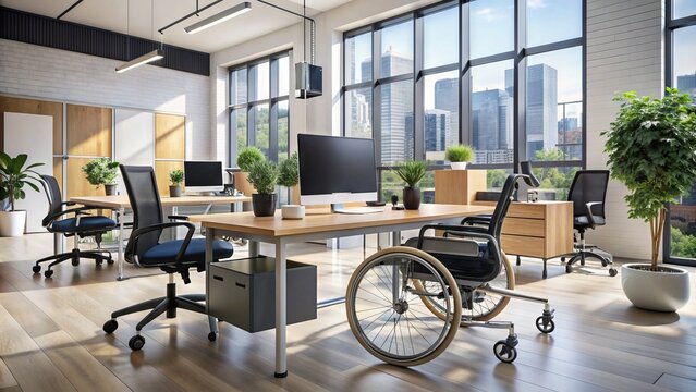 Wheelchair-accessible office workspace with adaptive technology and ergonomic furniture, creating an inclusive and supportive environment for employees with disabilities.
