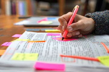 Editor marking corrections on printed manuscript, red pen and post-it notes in hand.
