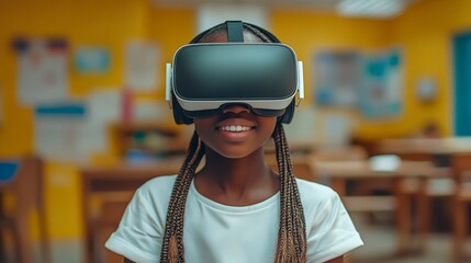 school student with VR headset using AI artificial intelligence technology & machine learning
