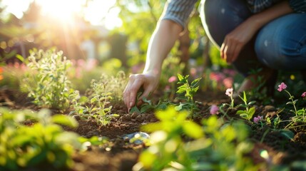Fototapeta premium Gardener Tending to Plants in a Lush Garden
