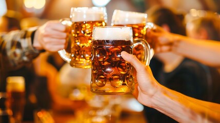 A group of friends holding beer mugs and glasses cheering and toasting together at a lively gathering in a bar or pub setting