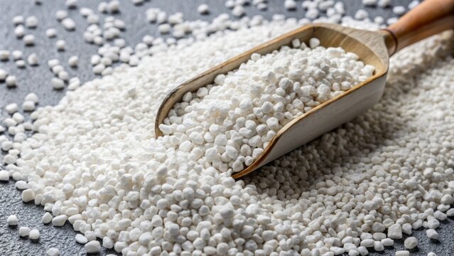 White perlite granules spill from a scoop, showcasing the lightweight, porous, and irregularly-shaped volcanic glass particles often used in horticulture and construction.