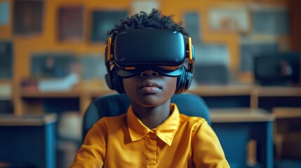 school student with VR headset using AI artificial intelligence technology & machine learning