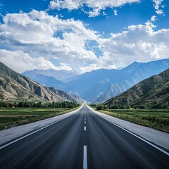 Naklejka premium Empty highway asphalt road and beautiful sky mountain landscape