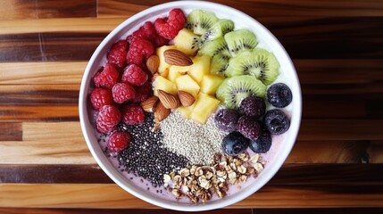 A smoothie bowl topped with colorful fruits and a generous sprinkle of various edible seeds, set on a wooden table.