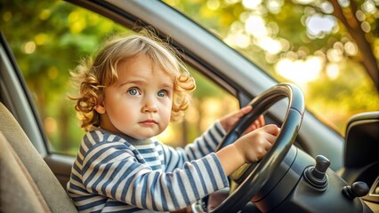 Young Child Sits Behind The Steering Wheel Of A Car In A Playful And Potentially Dangerous Situation.