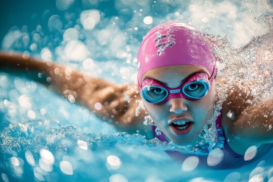 Close up of a female swimmer in a pool, freestyle stroke, arm raised, pink cap and goggles