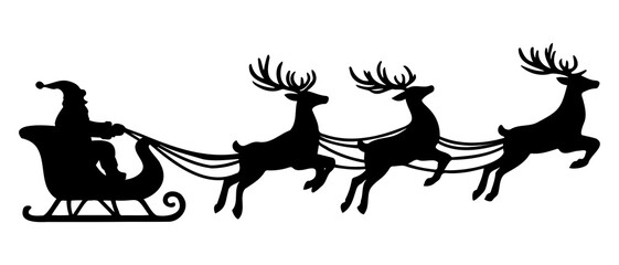 Three Rein deer pulling Santa Claus's on sleigh silhouette black filled vector Illustration icon