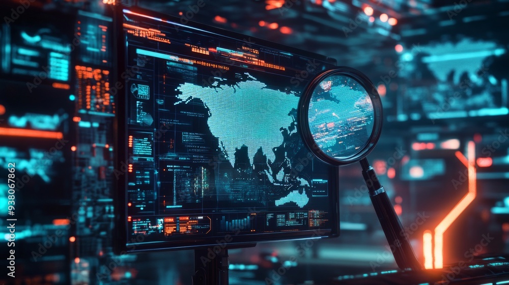 Aufkleber futuristic digital interface showcasing a magnifying glass over a world map. vibrant colors create a