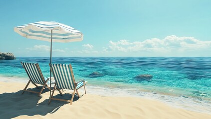 Obraz premium Tropical Beach Chairs and Umbrella by Clear Blue Water 3D Summer Scene with Copy Space. AI generated illustration