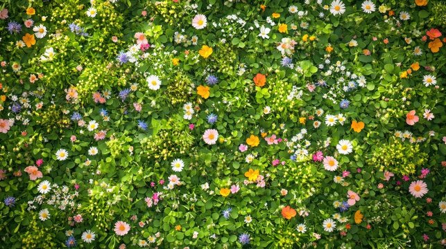 A vibrant top view of green grass dotted with colorful wildflowers, creating a natural and lively pattern.