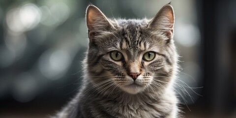 Naklejka premium A black-and-white image of a cat's focused face with a soft, blurred effect.