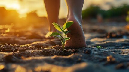A single foot steps on the sand next to a small green plant in the ground, with the sun setting in the background.