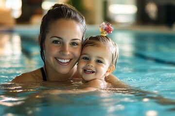 Joyful mother smiling while holding her adorable daughter in indoor swimming pool on sunny day