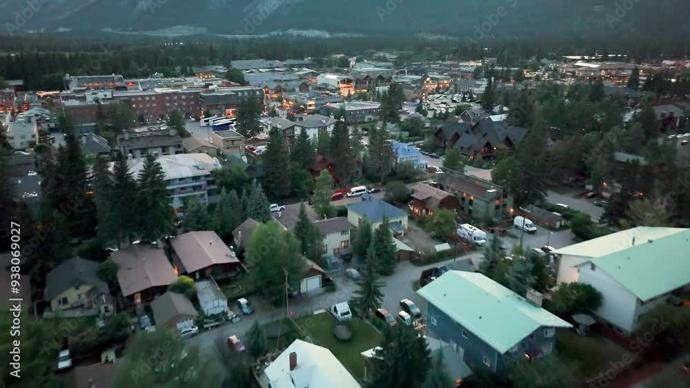 Sticker aerial view of banff town at night, alberta