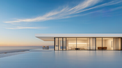 Fototapeta premium White luxury modern villa with beautiful sea view, minimalist geometric design, scene for car presentation