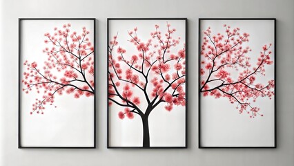 set of three vertical poster, minimalist single  sakura tree