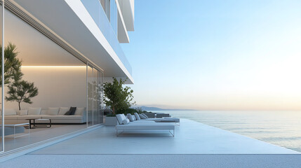 Fototapeta premium White luxury modern villa with beautiful sea view, minimalist geometric design, scene for car presentation