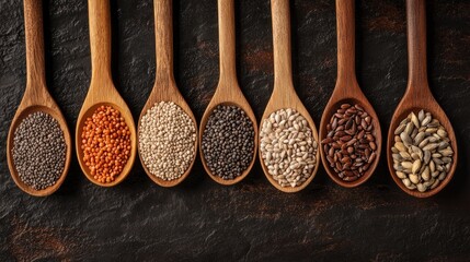 Edible seeds displayed in wooden spoons, arranged in a fan shape on a dark textured background.