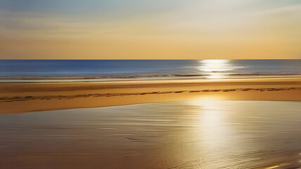 Obraz premium Sunset over calm ocean waves reflecting golden hues on a serene beach
