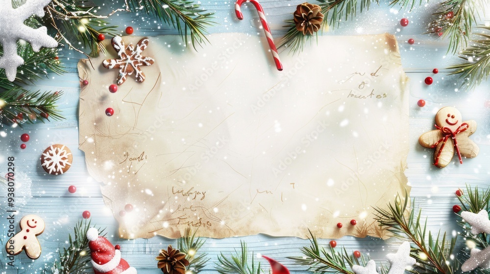 Poster a white piece of paper with a snowflake and a gingerbread man on it