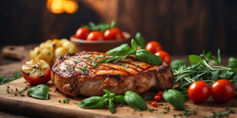 grilled pork chop garnished with fresh basil and rosemary on rustic wooden board, roasted tomatoes and potatoes, delicious dish.