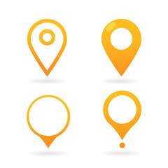 Collection of map pointers in yellow color with shadows isolated on white background.	
