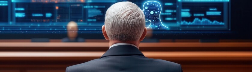 Judge delivering a verdict with real-time case law analysis displayed on digital screens in a futuristic courtroom