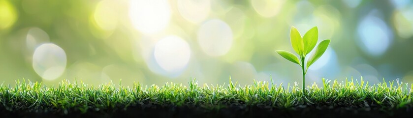 Obraz premium A vibrant green sprout emerging from fresh grass, symbolizing growth and renewal in a serene natural setting.