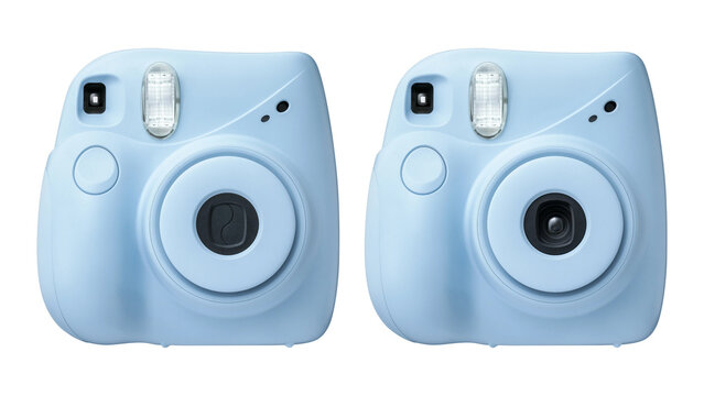 Closeup of blue instant photographic camera, isolated on white copy-space background.