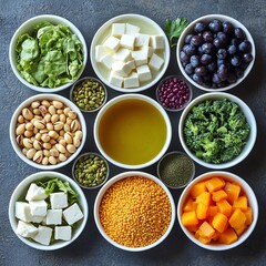 A colorful selection of 10 gutfriendly food groups, such as yogurt, sauerkraut, millet, tofu, navy beans, pistachios, grapes, romaine lettuce, bone broth, and squash