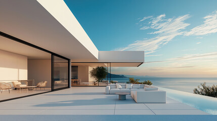 Fototapeta premium White luxury modern villa with beautiful sea view, minimalist geometric design, scene for car presentation