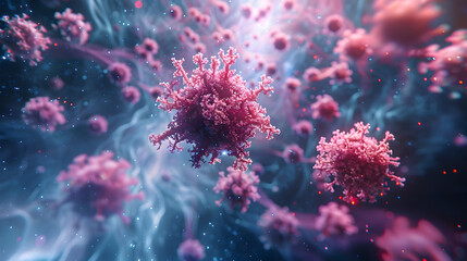 An abstract representation of viruses in a microscopic environment, showcasing pink, spiky virus particles floating in a dynamic, fluid background