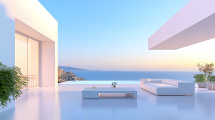 Obraz premium White luxury modern villa with beautiful sea view, minimalist geometric design, scene for car presentation