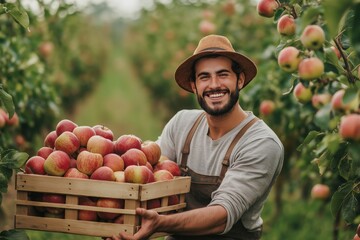 Joyful young man in orchard collecting fresh apples in a wooden crate with a bright smile