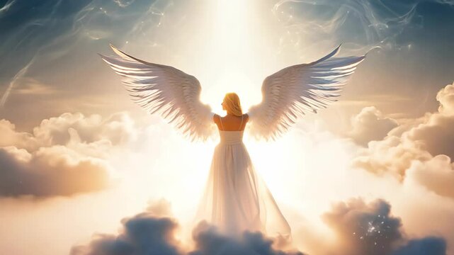 Ethereal angelic figure emerging from clouds in bright light during a serene moment