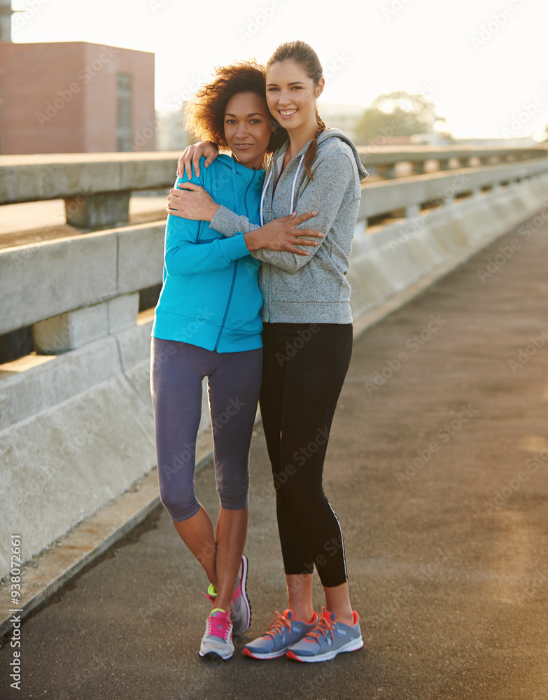 Poster Friends, portrait and support in city for fitness, exercise and running session for marathon challenge outdoor. Bridge, people and women with hug for wellness goals, hug and bonding in road by space