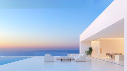 White luxury modern villa with beautiful sea view, minimalist geometric design, scene for car presentation