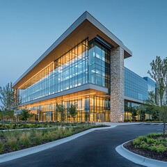 Fototapeta premium A modern hospital with a glass and stone exterior