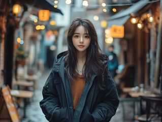 Fototapeta premium a young woman walking down a narrow street in an Japan urban