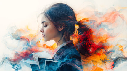 Ethereal Learning Journey - Watercolor Painting of Student Surrounded by Study Materials and Flowing Lines