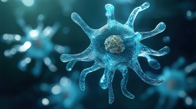 A close-up photo of an amoeba under a microscope, highlighting its nucleus and pseudopods