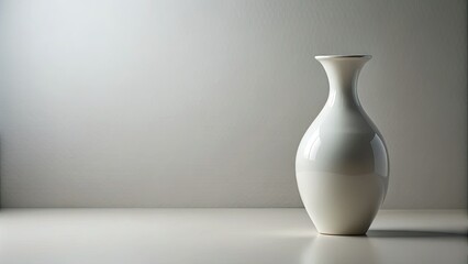 A lone, delicate, white ceramic vase stands against a clean, isolated, light gray background, its subtle curves and lines accentuated by soft, natural light.