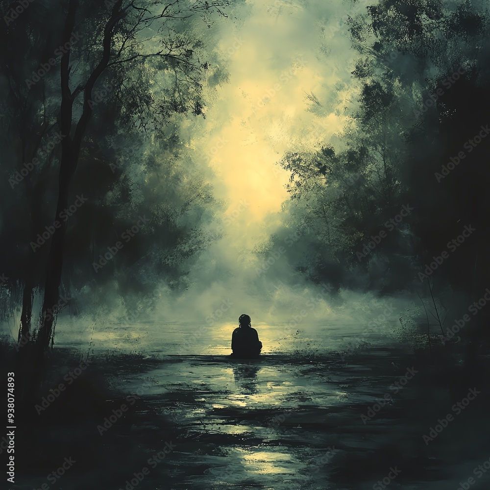 Poster Artistic scene of Where do you wait for me with serene and atmospheric elements, soft lighting, and a hint of mystery and anticipation
