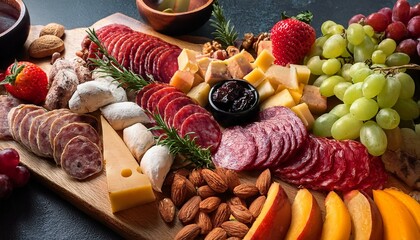 Gourmet fancy charcuterie board with assorted cured meat slices and salami cuts, assortment of yummy food with cheese bites, nuts and fruits, antipasti and tapas snack party background