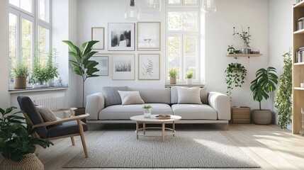 Cozy bright living room, interior design in Scandinavian style. White sofa, armchairs, paintings, table.