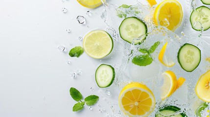 Fresh cucumber, lemon, and mint slices in water splash. Refreshing summer drink ingredients.